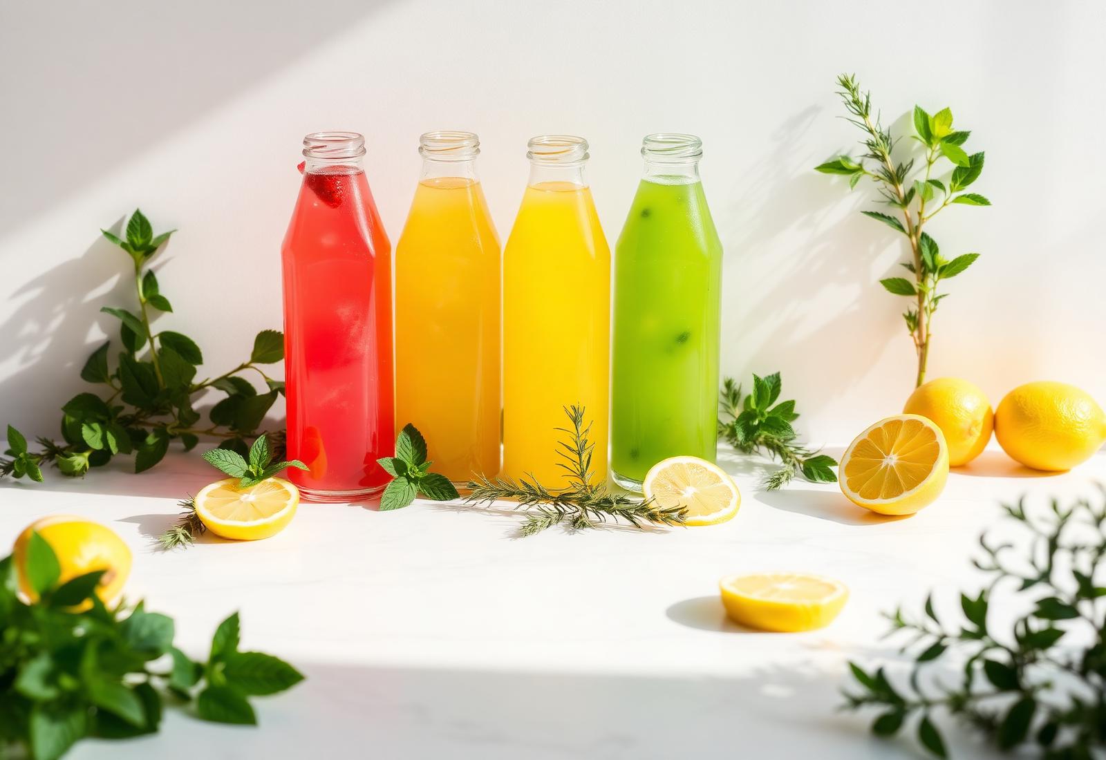 Handcrafted bottled lemonades and herbal juices on a marble counter